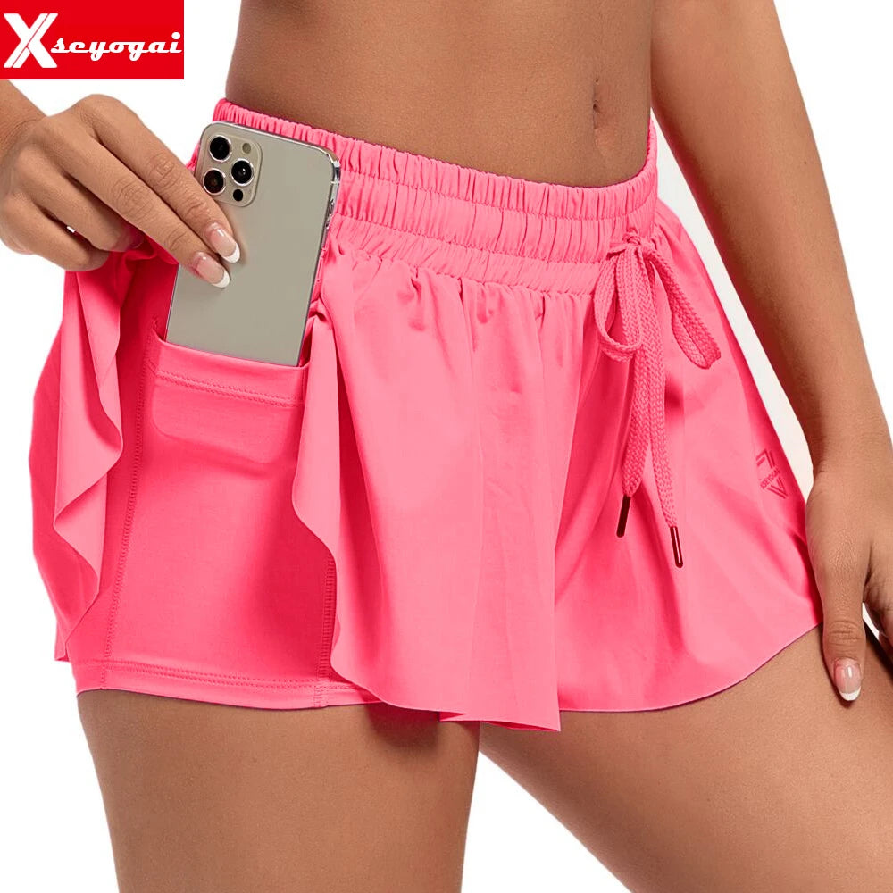 Women'S High Waist Stretch Athletic Workout Active Fitness Volleyball Shorts 2 in 1 Running Double Layer Sports Shorts