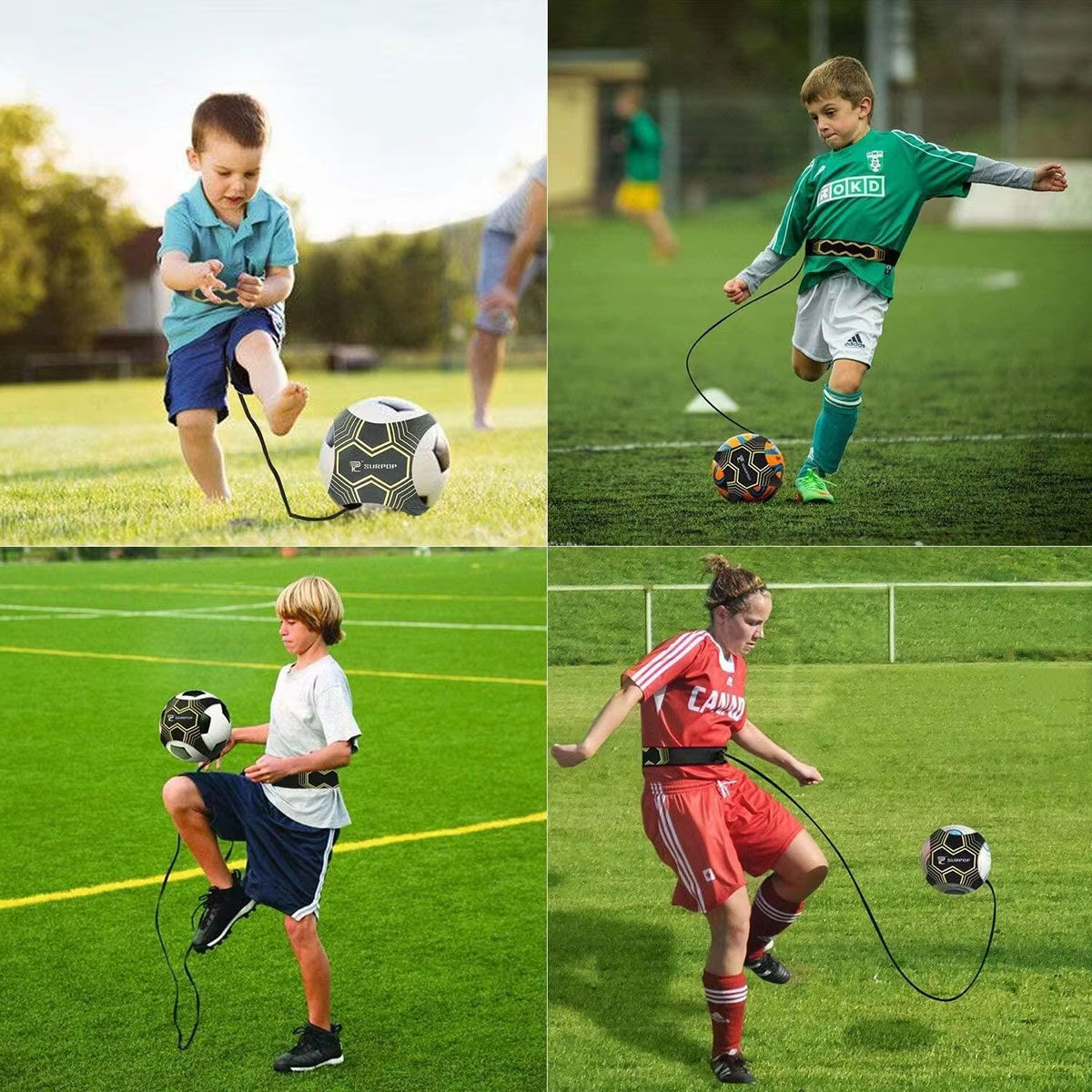 Football Kick Trainer Soccer Training Aids Hands Free Throw Sole Practice Equipment for Kids with Adjustable Belt Elastic Rope