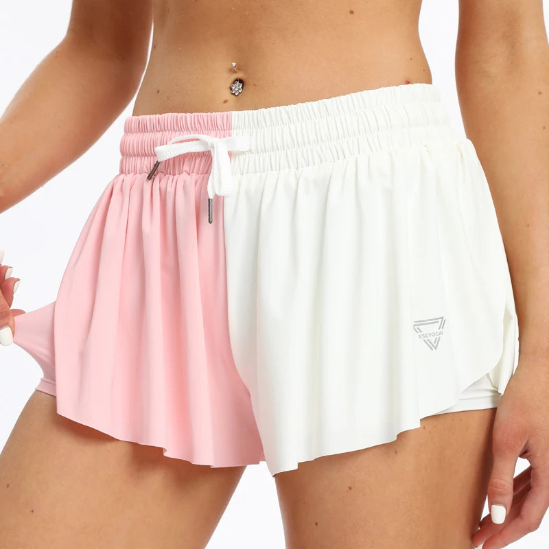 Women'S High Waist Stretch Athletic Workout Active Fitness Volleyball Shorts 2 in 1 Running Double Layer Sports Shorts