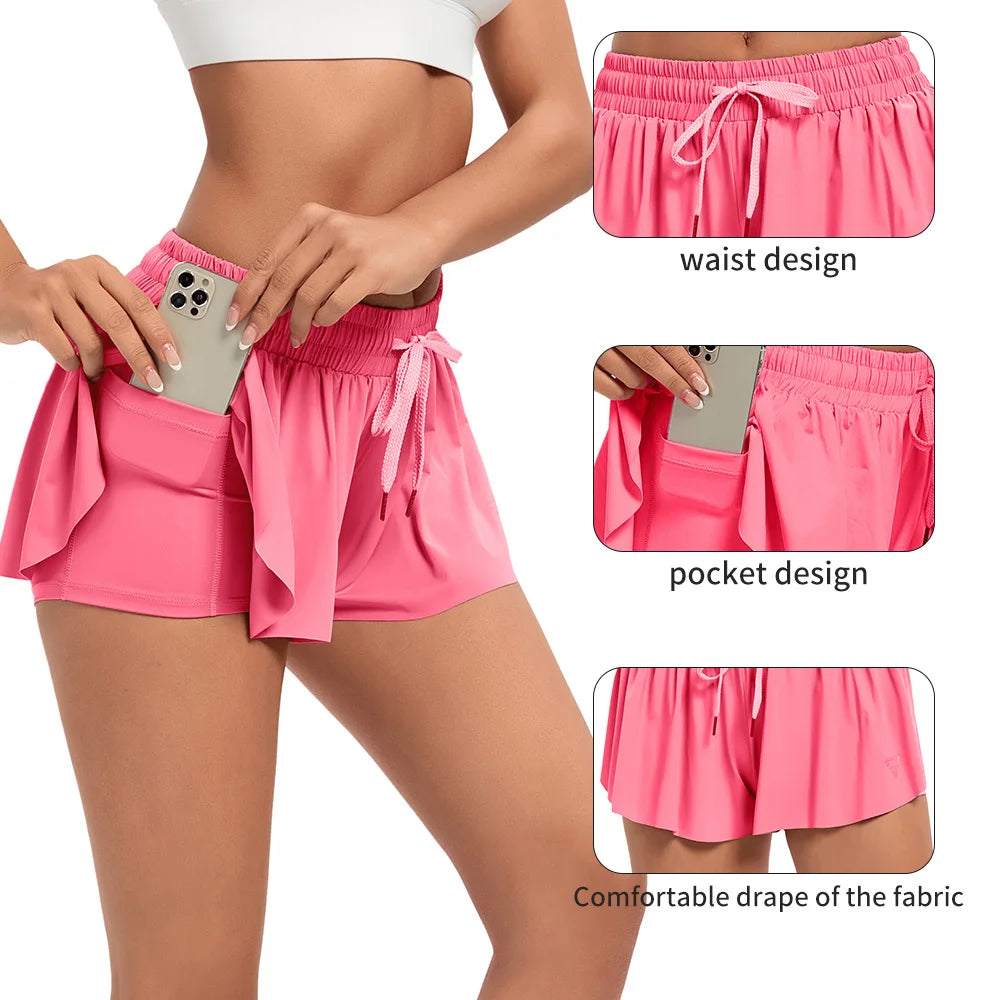 Women'S High Waist Stretch Athletic Workout Active Fitness Volleyball Shorts 2 in 1 Running Double Layer Sports Shorts