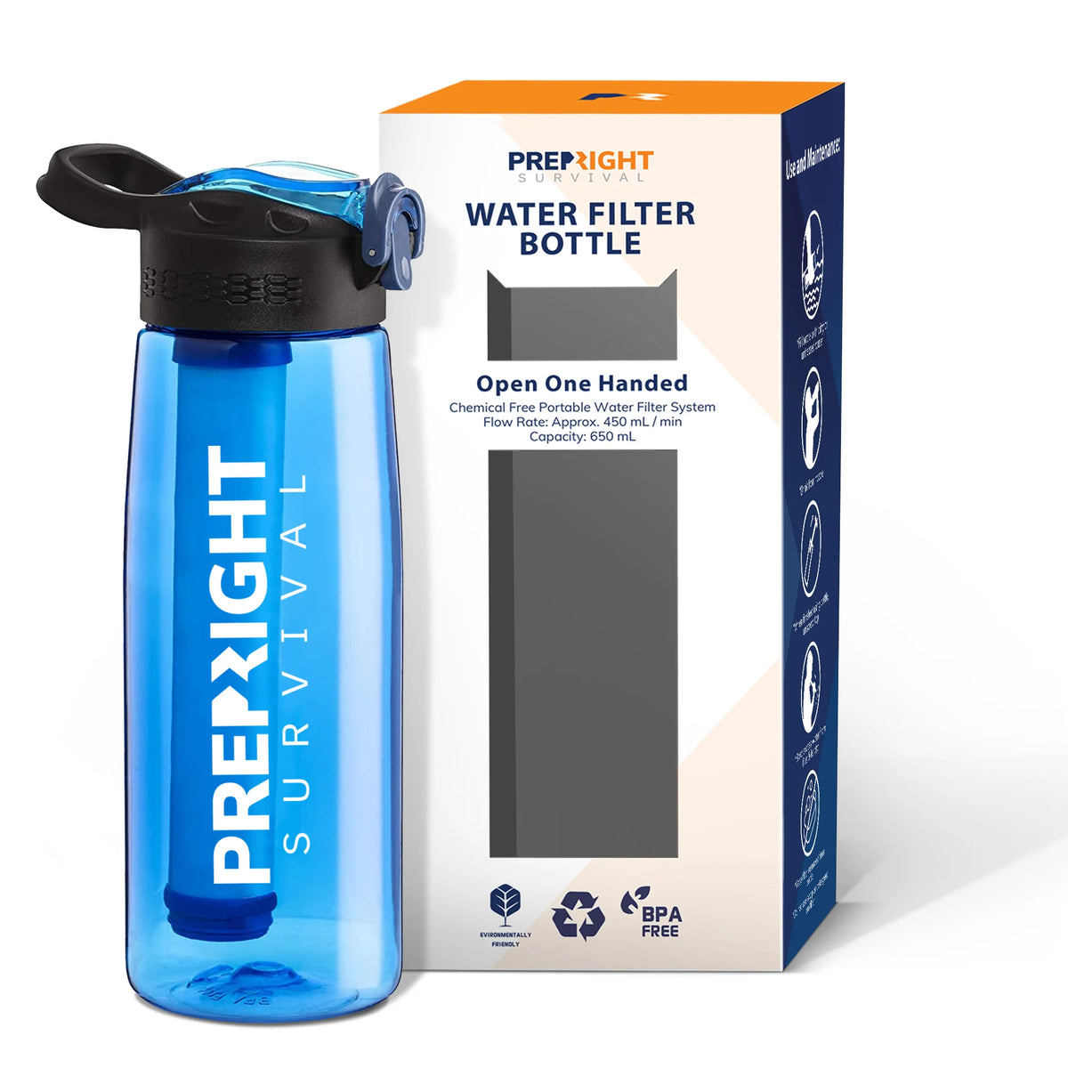 Prep-Right® Survival - 4-Stage Water Filter Bottle, Bpa-Free Water Bottle for Survival Gear, Camping, and Travel